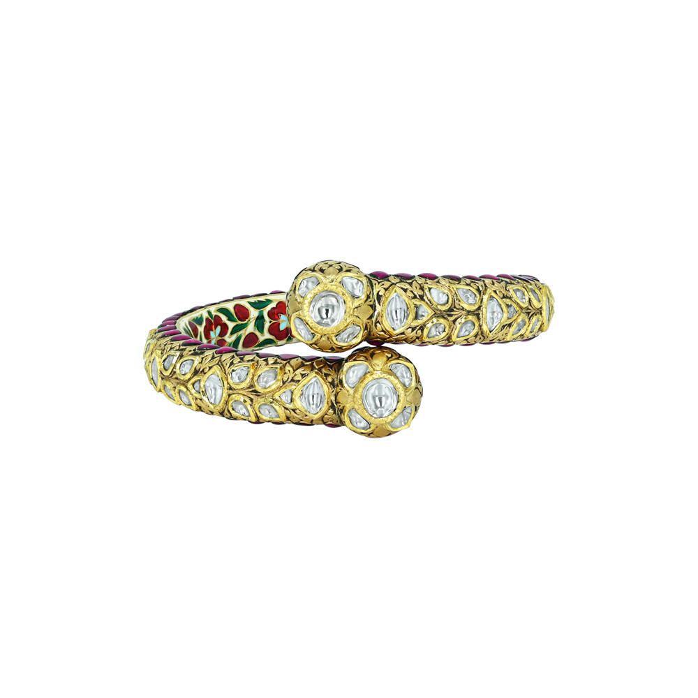 Floral Polki Cuff Bangle with Vibrant Enamel